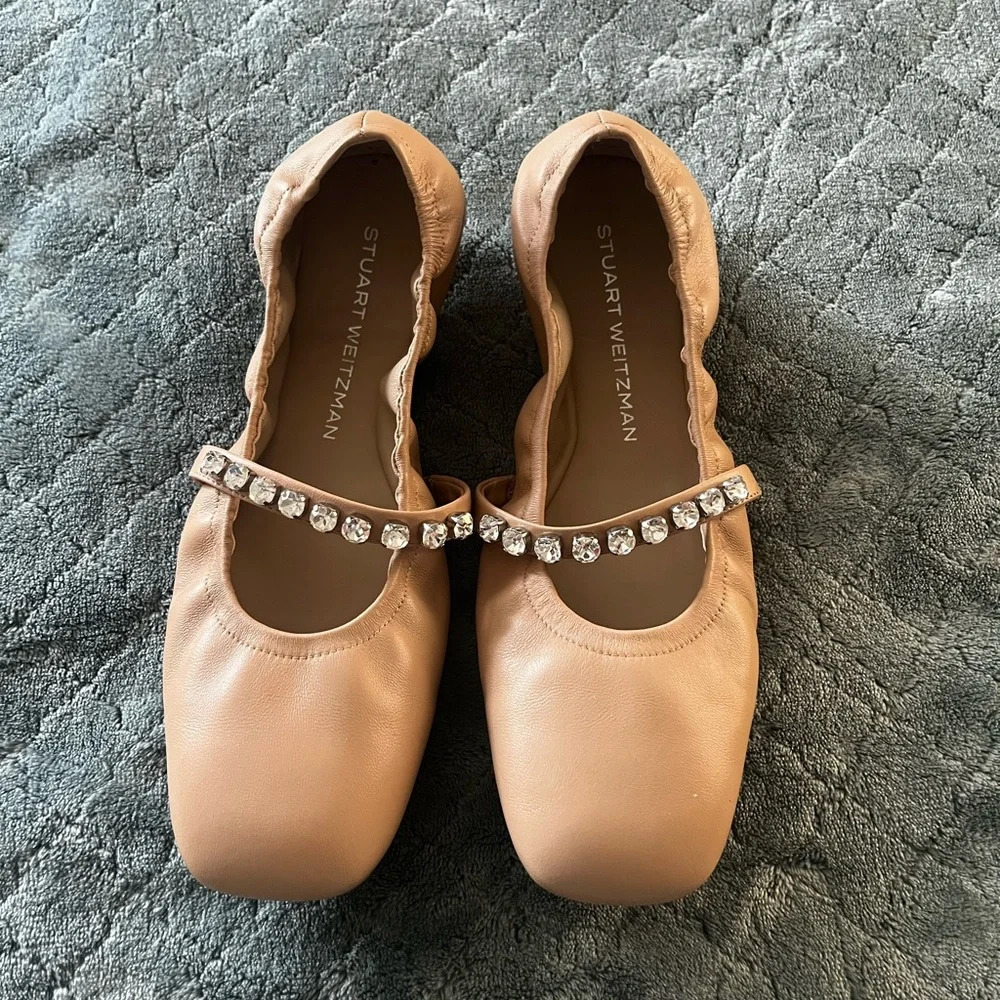 Stuart Weitzman Tan Ballet Flats‎ with Rhinestone Strap
